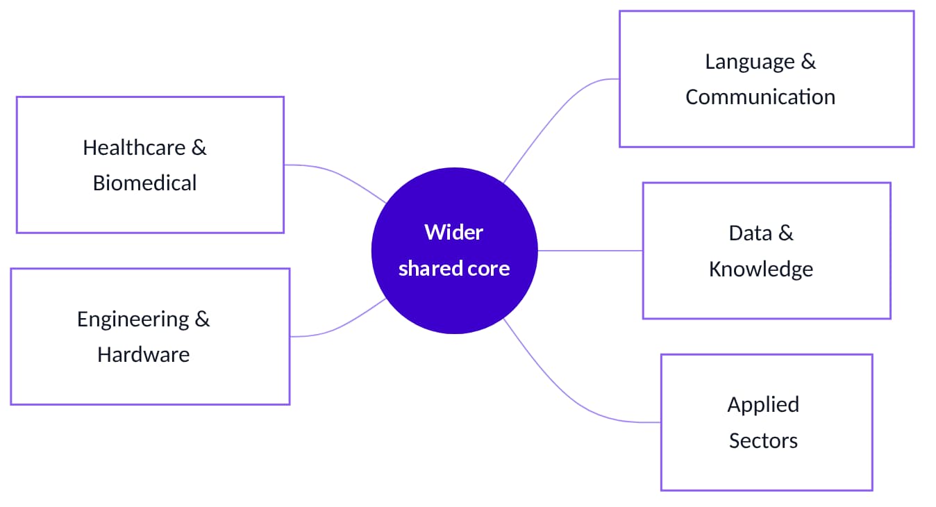 One shared core connected to five domains: healthcare and biomedical, engineering and hardware, language and communication, data and knowledge, and applied sectors.