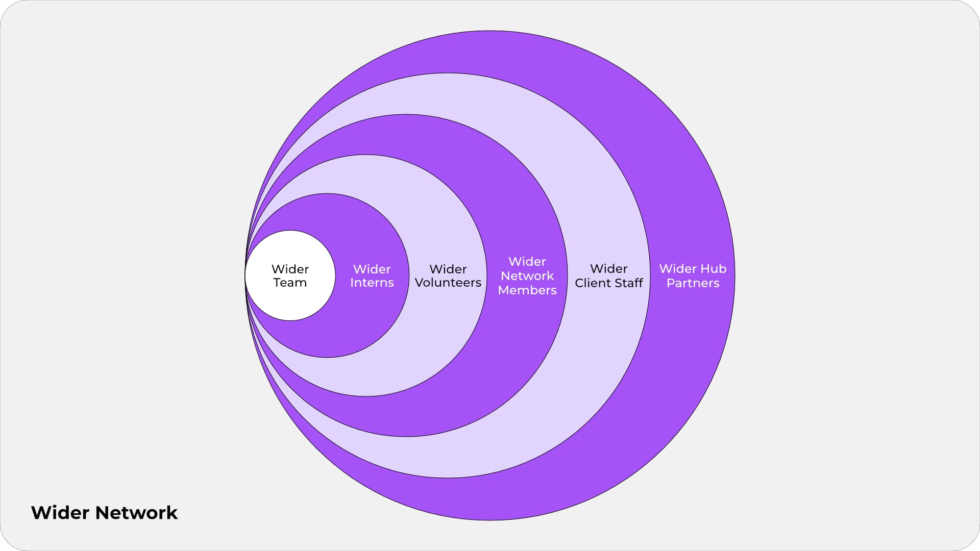 Concentric circles from the Wider Team at the core, through interns, volunteers, network members and client staff, out to hub partners.